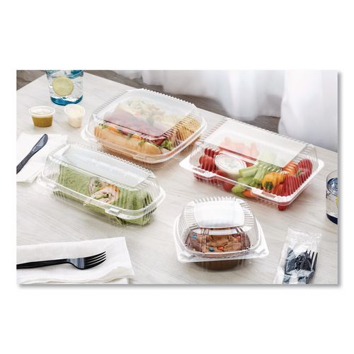 Image of Pactiv Evergreen YCI810490000 ClearView SmartLock Hinged Lid Container, Hoagie Container, 27 oz, 9.3 x 4.5 x 3, Clear, Plastic, 250/Carton
