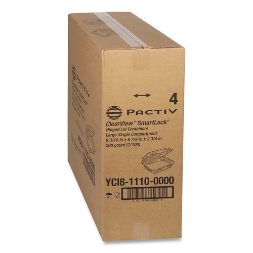 Image of Pactiv Evergreen YCI811100000 ClearView SmartLock Hinged Lid Container, 9.22 x 8.88 x 2.91, Clear, Plastic, 200/Carton