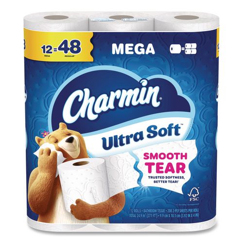 Image of Charmin® 80841801 Ultra Soft Bathroom Tissue, Mega Roll, Septic Safe, 2-Ply, White, 208 Sheets/Roll, 12 Rolls/Pack