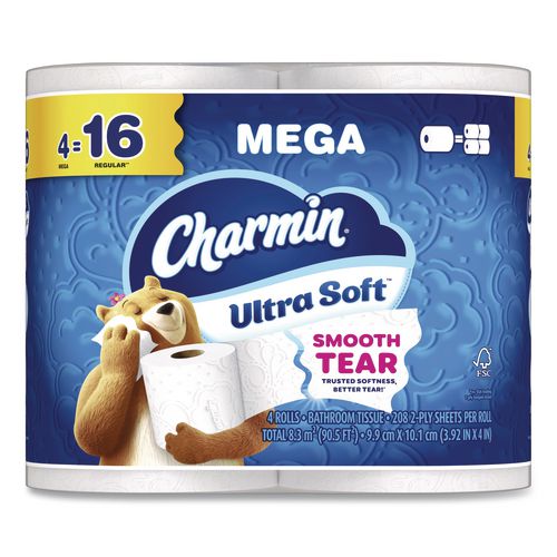Image of Charmin® 80835936 Ultra Soft Bathroom Tissue, Mega Roll, Septic Safe, 2-Ply, White, 208 Sheets/Roll, 4 Rolls/Pack, 8 Packs/Carton