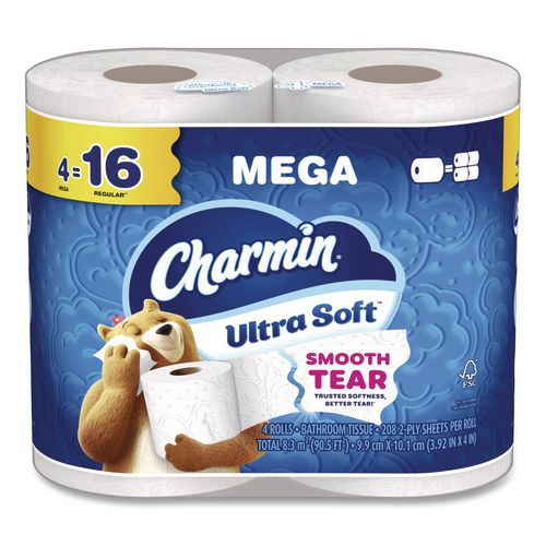 Image of Charmin® 80835936 Ultra Soft Bathroom Tissue, Mega Roll, Septic Safe, 2-Ply, White, 208 Sheets/Roll, 4 Rolls/Pack, 8 Packs/Carton