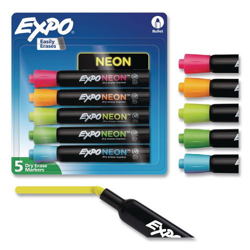 Image of EXPO® 2211553 Neon Windows Dry Erase Marker, Broad Bullet Tip, Assorted Colors, 5/pack
