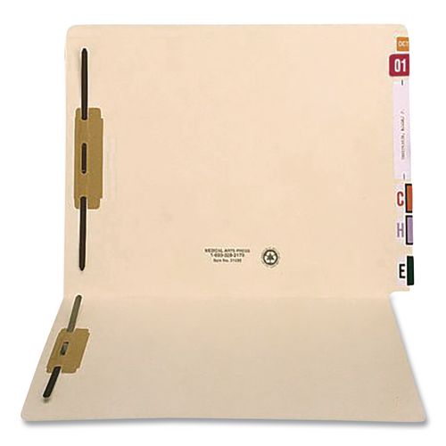 Image of Medical Arts Press® 52371 Mylar-Reinforced End Tab Fastener Folders, Straight Tab: Assorted, Expands 0.75", 2 Fasteners, Letter Size, Manila, 50/Box