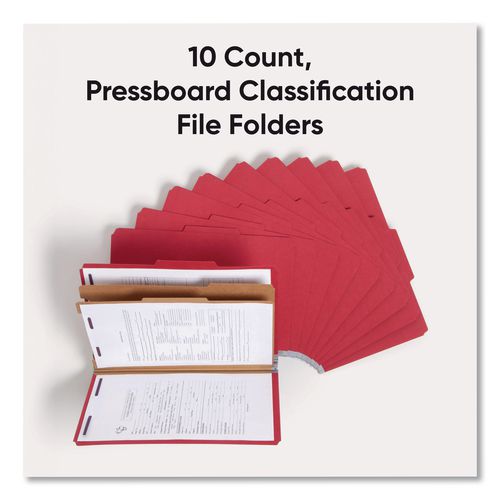 Image of Smead Six-Section Pressboard Top Tab Classification Folders, Six SafeSHIELD Fasteners, 2 Dividers, Legal Size, Bright Red, 10/Box