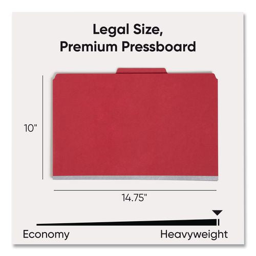 Image of Smead Six-Section Pressboard Top Tab Classification Folders, Six SafeSHIELD Fasteners, 2 Dividers, Legal Size, Bright Red, 10/Box