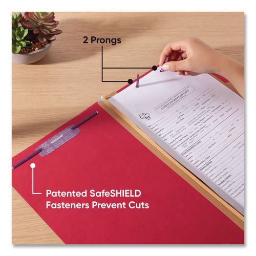 Image of Smead Six-Section Pressboard Top Tab Classification Folders, Six SafeSHIELD Fasteners, 2 Dividers, Legal Size, Bright Red, 10/Box