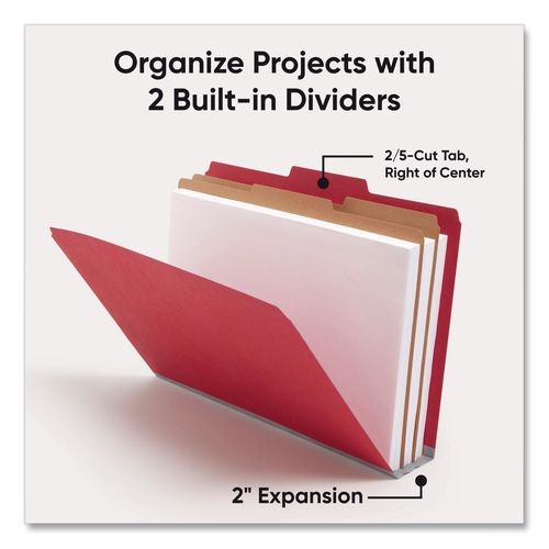 Image of Smead Six-Section Pressboard Top Tab Classification Folders, Six SafeSHIELD Fasteners, 2 Dividers, Legal Size, Bright Red, 10/Box