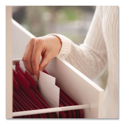 Image of Smead Six-Section Pressboard Top Tab Classification Folders, Six SafeSHIELD Fasteners, 2 Dividers, Legal Size, Bright Red, 10/Box