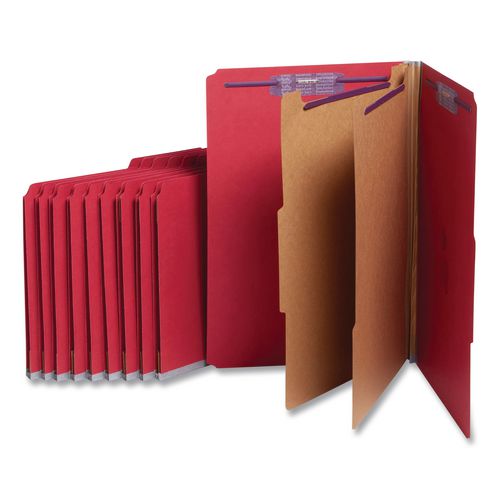 Image of Smead Six-Section Pressboard Top Tab Classification Folders, Six SafeSHIELD Fasteners, 2 Dividers, Legal Size, Bright Red, 10/Box