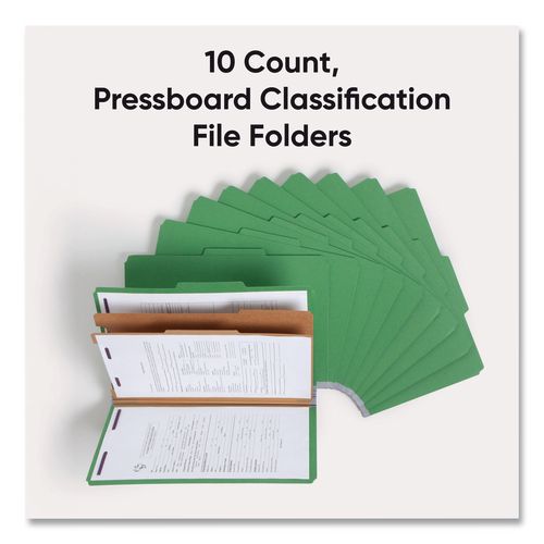 Image of Smead Six-Section Pressboard Top Tab Classification Folders, Six SafeSHIELD Fasteners, 2 Dividers, Legal Size, Green, 10/Box