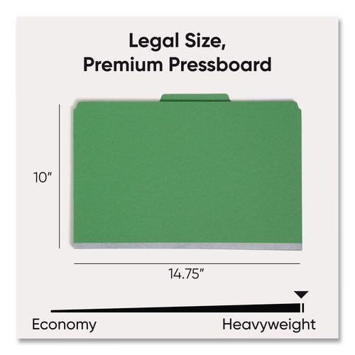 Image of Smead Six-Section Pressboard Top Tab Classification Folders, Six SafeSHIELD Fasteners, 2 Dividers, Legal Size, Green, 10/Box