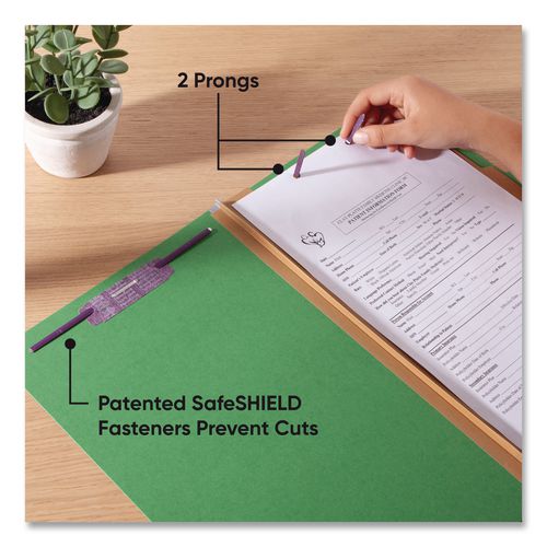 Image of Smead Six-Section Pressboard Top Tab Classification Folders, Six SafeSHIELD Fasteners, 2 Dividers, Legal Size, Green, 10/Box