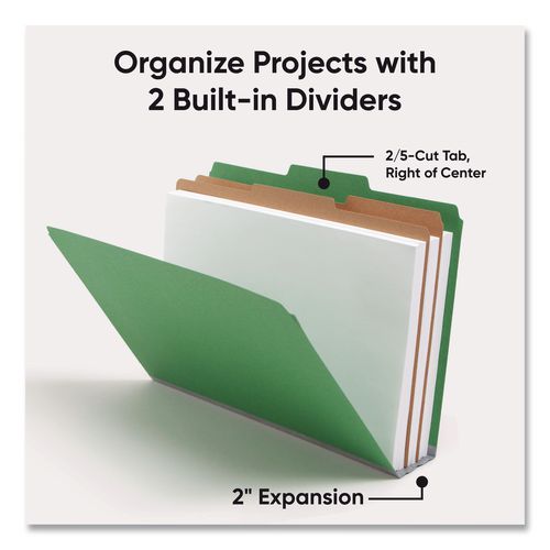 Image of Smead Six-Section Pressboard Top Tab Classification Folders, Six SafeSHIELD Fasteners, 2 Dividers, Legal Size, Green, 10/Box