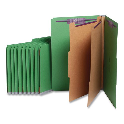Image of Smead Six-Section Pressboard Top Tab Classification Folders, Six SafeSHIELD Fasteners, 2 Dividers, Legal Size, Green, 10/Box