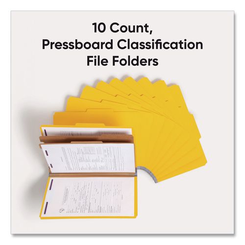 Image of Smead Six-Section Pressboard Top Tab Classification Folders, Six SafeSHIELD Fasteners, 2 Dividers, Legal Size, Yellow, 10/Box