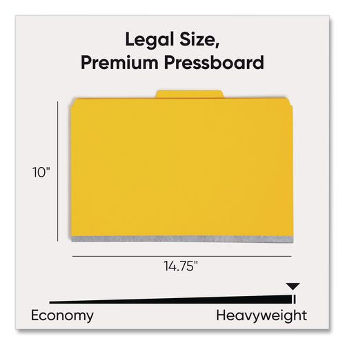 Image of Smead Six-Section Pressboard Top Tab Classification Folders, Six SafeSHIELD Fasteners, 2 Dividers, Legal Size, Yellow, 10/Box