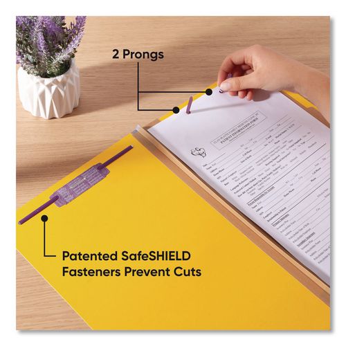 Image of Smead Six-Section Pressboard Top Tab Classification Folders, Six SafeSHIELD Fasteners, 2 Dividers, Legal Size, Yellow, 10/Box