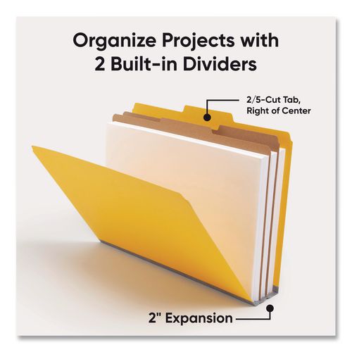 Image of Smead Six-Section Pressboard Top Tab Classification Folders, Six SafeSHIELD Fasteners, 2 Dividers, Legal Size, Yellow, 10/Box