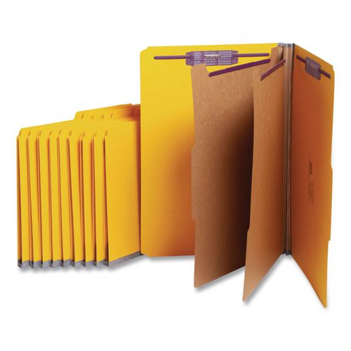 Image of Smead Six-Section Pressboard Top Tab Classification Folders, Six SafeSHIELD Fasteners, 2 Dividers, Legal Size, Yellow, 10/Box