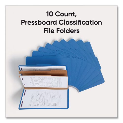 Image of Smead Six-Section Pressboard Top Tab Classification Folders, Six SafeSHIELD Fasteners, 2 Dividers, Legal Size, Dark Blue, 10/Box