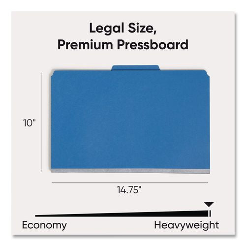 Image of Smead Six-Section Pressboard Top Tab Classification Folders, Six SafeSHIELD Fasteners, 2 Dividers, Legal Size, Dark Blue, 10/Box