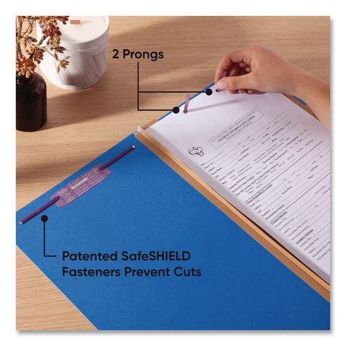 Image of Smead Six-Section Pressboard Top Tab Classification Folders, Six SafeSHIELD Fasteners, 2 Dividers, Legal Size, Dark Blue, 10/Box