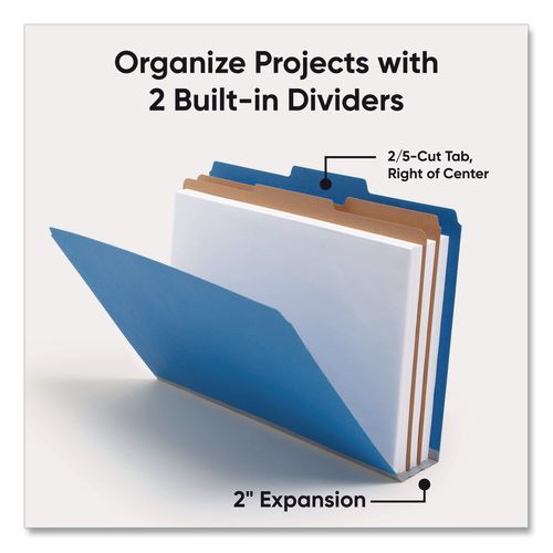 Image of Smead Six-Section Pressboard Top Tab Classification Folders, Six SafeSHIELD Fasteners, 2 Dividers, Legal Size, Dark Blue, 10/Box