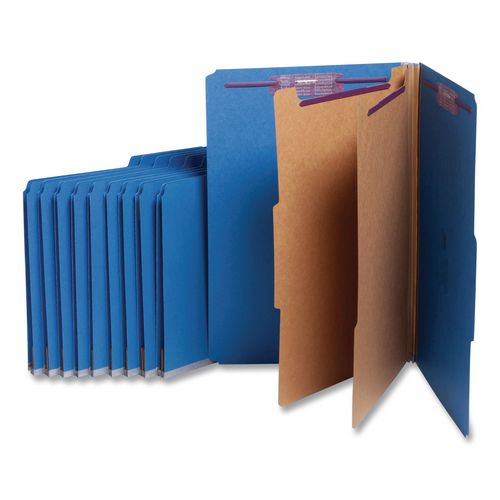 Image of Smead Six-Section Pressboard Top Tab Classification Folders, Six SafeSHIELD Fasteners, 2 Dividers, Legal Size, Dark Blue, 10/Box