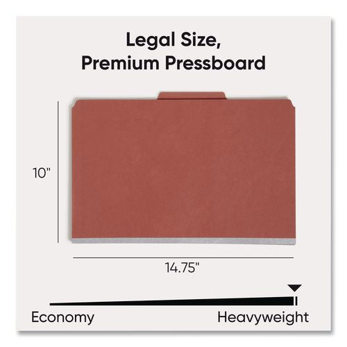 Image of Smead 19075 Pressboard Classification Folders, 2/5-Cut Tab, Expands 2", 2 Dividers, 6 SafeSHIELD Fasteners, Legal Size, Red, 10/Box