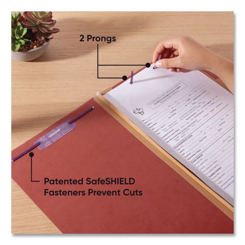 Image of Smead 19075 Pressboard Classification Folders, 2/5-Cut Tab, Expands 2", 2 Dividers, 6 SafeSHIELD Fasteners, Legal Size, Red, 10/Box
