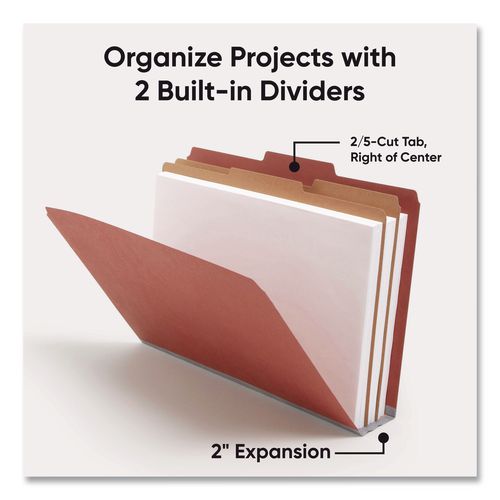 Image of Smead 19075 Pressboard Classification Folders, 2/5-Cut Tab, Expands 2", 2 Dividers, 6 SafeSHIELD Fasteners, Legal Size, Red, 10/Box