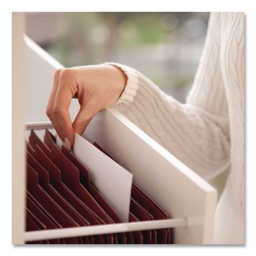 Image of Smead 19075 Pressboard Classification Folders, 2/5-Cut Tab, Expands 2", 2 Dividers, 6 SafeSHIELD Fasteners, Legal Size, Red, 10/Box