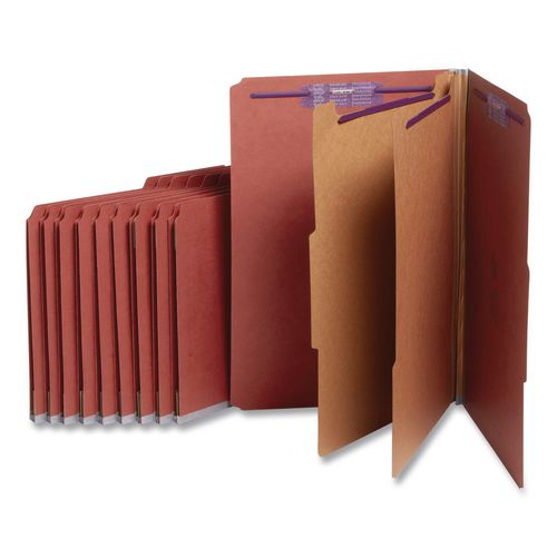 Image of Smead 19075 Pressboard Classification Folders, 2/5-Cut Tab, Expands 2", 2 Dividers, 6 SafeSHIELD Fasteners, Legal Size, Red, 10/Box