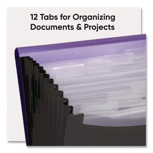 Image of Smead 70862 12-Pocket Poly Expanding File, 0.88" Expansion, 12 Sections, Cord/Hook Closure, 1/6-Cut Tabs, Letter Size, Black/Purple