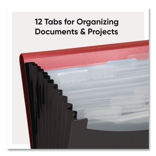 Image of Smead 70866 12-Pocket Poly Expanding File, 0.88" Expansion, 12 Sections, Cord/Hook Closure, 1/6-Cut Tabs, Letter Size, Black/Red