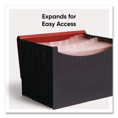 Image of Smead 70866 12-Pocket Poly Expanding File, 0.88" Expansion, 12 Sections, Cord/Hook Closure, 1/6-Cut Tabs, Letter Size, Black/Red