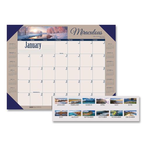 Image of House Of Doolittle 175 Earthscapes Recycled Monthly Desk Pad Calendar, Motivational Photos, 22 x 17, Blue Binding/Corners, 12-Month (Jan-Dec): 2025