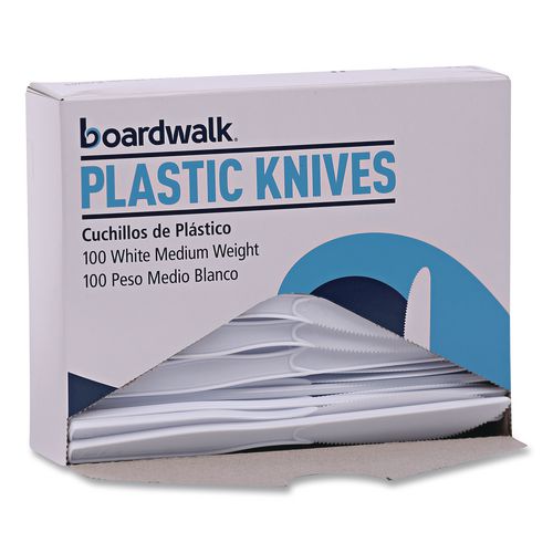 Image of Boardwalk® BWK KNIFEMWPS Mediumweight Polystyrene Cutlery, Knife, Plastic, White, 100/Box
