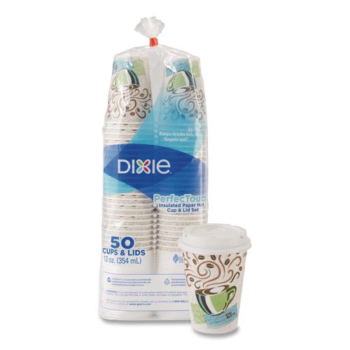 Image of Dixie® 5310COMBO600 PerfecTouch Paper Hot Cups and Lids Combo, 10 oz, Coffee Haze Design, 50/Pack, 6 Packs/Carton