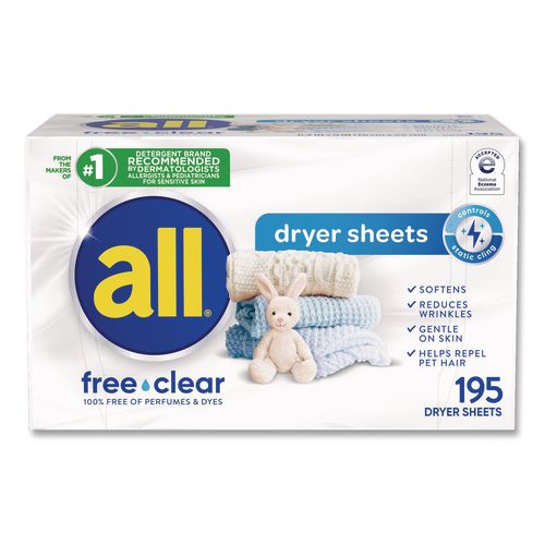 Image of all® 72613 47362 Free Clear Dryer Sheets, Fragrance Free, 195 Sheets/Pack, 6 Packs/Carton