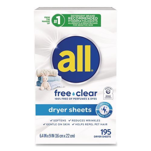 Image of all® 72613 47362 Free Clear Dryer Sheets, Fragrance Free, 195 Sheets/Pack, 6 Packs/Carton