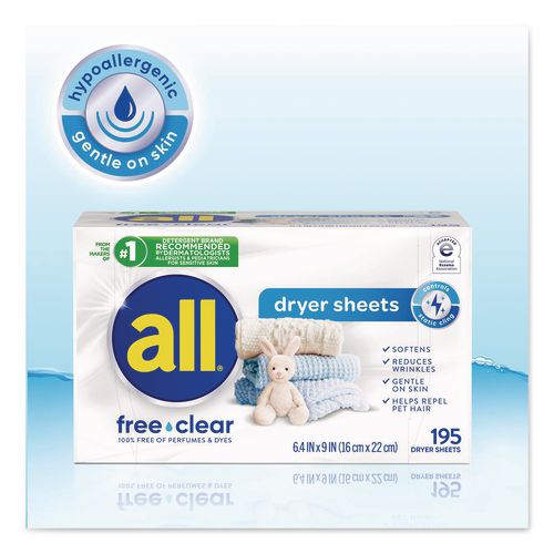 Image of all® 72613 47362 Free Clear Dryer Sheets, Fragrance Free, 195 Sheets/Pack, 6 Packs/Carton