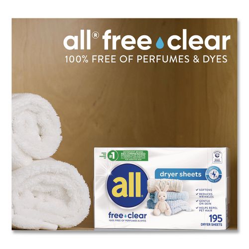 Image of all® 72613 47362 Free Clear Dryer Sheets, Fragrance Free, 195 Sheets/Pack, 6 Packs/Carton