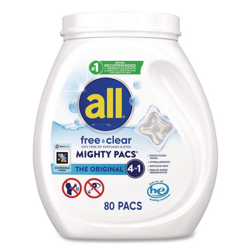 Image of all® 72613 47508 MIGHTY PACS Free Clear HE Laundry Detergent, 80 Pods/Tub, 4 Tubs/Carton