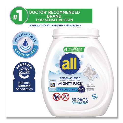 Image of all® 72613 47508 MIGHTY PACS Free Clear HE Laundry Detergent, 80 Pods/Tub, 4 Tubs/Carton