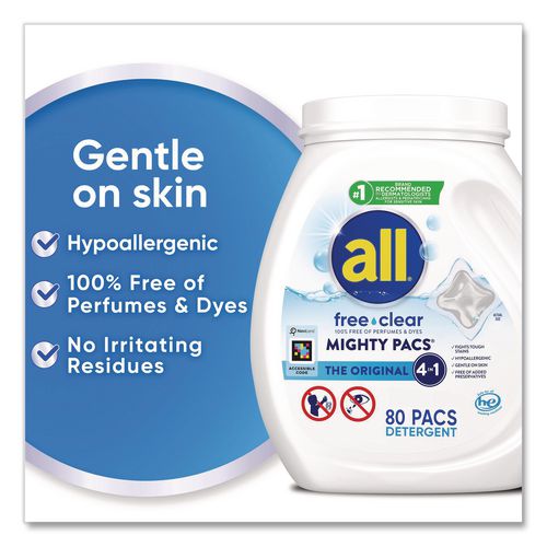 Image of all® 72613 47508 MIGHTY PACS Free Clear HE Laundry Detergent, 80 Pods/Tub, 4 Tubs/Carton