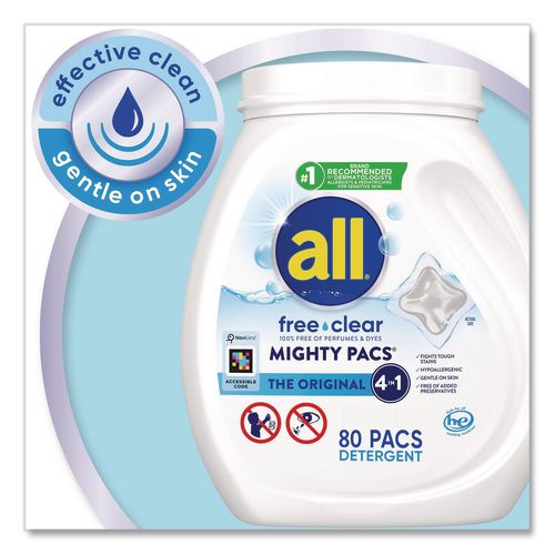 Image of all® 72613 47508 MIGHTY PACS Free Clear HE Laundry Detergent, 80 Pods/Tub, 4 Tubs/Carton