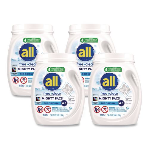 Image of all® 72613 46880 MIGHTY PACS Free Clear HE Laundry Detergent, 60 Pods/Tub, 4 Tubs/Carton