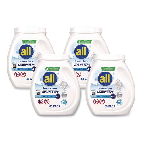 Image of all® 72613 47508 MIGHTY PACS Free Clear HE Laundry Detergent, 80 Pods/Tub, 4 Tubs/Carton