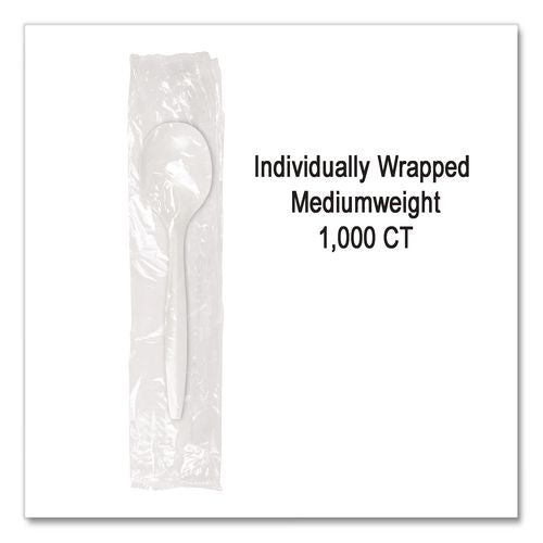 Image of Berkley Square BEPCUTSSWR Individually Wrapped Mediumweight Cutlery, Soup Spoon, Plastic, White, 1,000/Carton